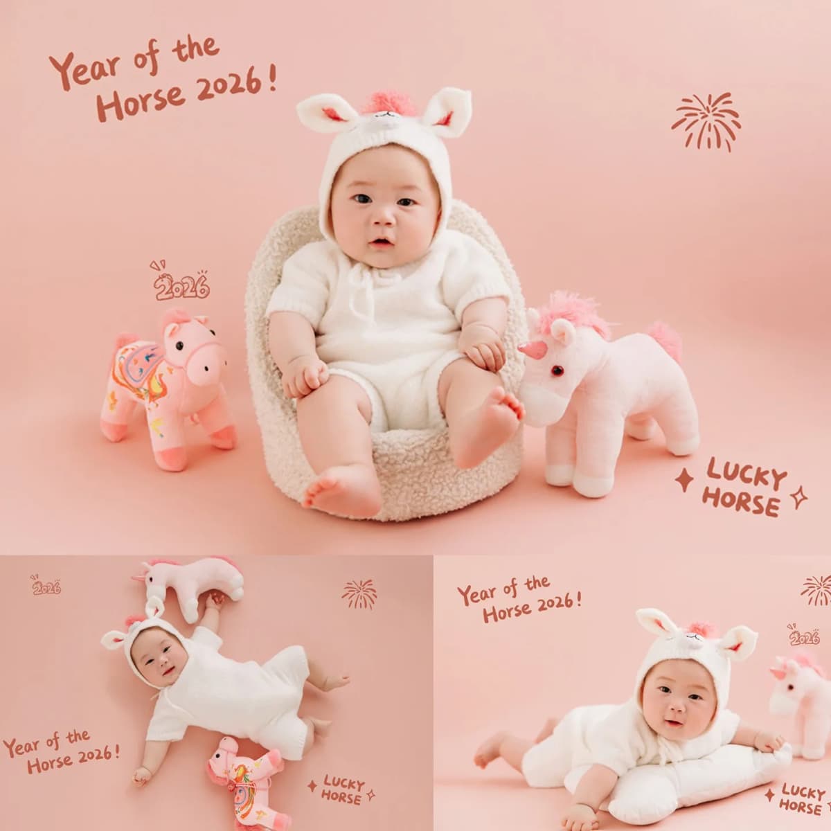 Newborn Photography Props 2026 Pink Horse Year Theme Set Blanket Outfit Set Horses Doll Decors for Studio Photoshoot Clothing