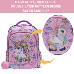 3PCS Travel Bag, Luggage Bag, Bookbag, With Lunch Box And Pen Bag, Pink Cartoon Unicorn Patter Sequin Design, Nighttime Ref