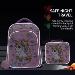 3PCS Travel Bag, Luggage Bag, Bookbag, With Lunch Box And Pen Bag, Pink Cartoon Unicorn Patter Sequin Design, Nighttime Ref