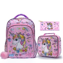 3PCS Travel Bag, Luggage Bag, Bookbag, With Lunch Box And Pen Bag, Pink Cartoon Unicorn Patter Sequin Design, Nighttime Ref