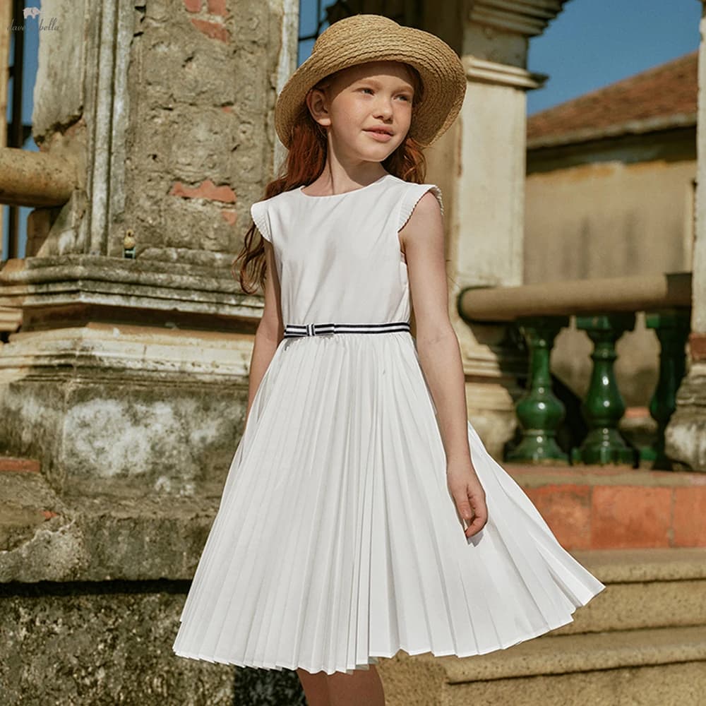 Dave Bella Girls White Summer Princess Dresses Children Sleeveless Party Pleated Dress Sweet Outdoor Clothes DK2261618