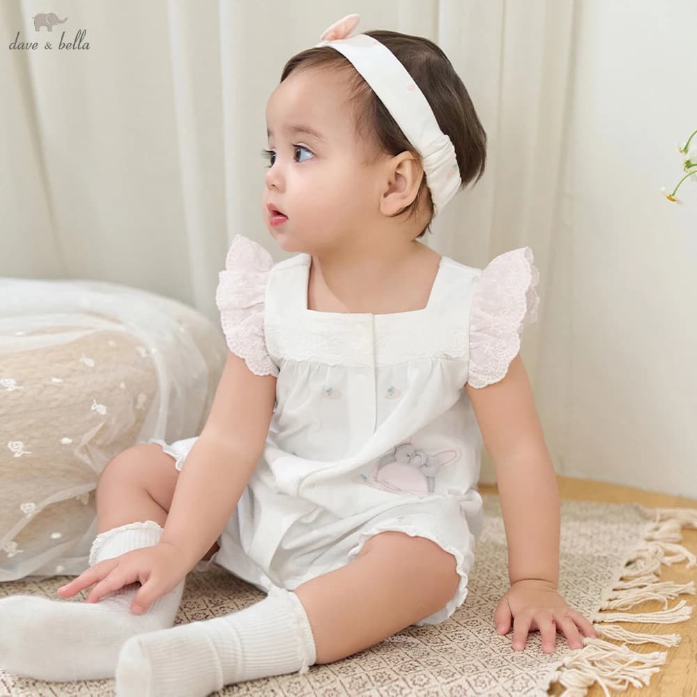 Dave Bella Newborn Creeper with Headband Summer Girs Cartoon Romper Print Sweet Baby Princess Jumpsuit DB2262063