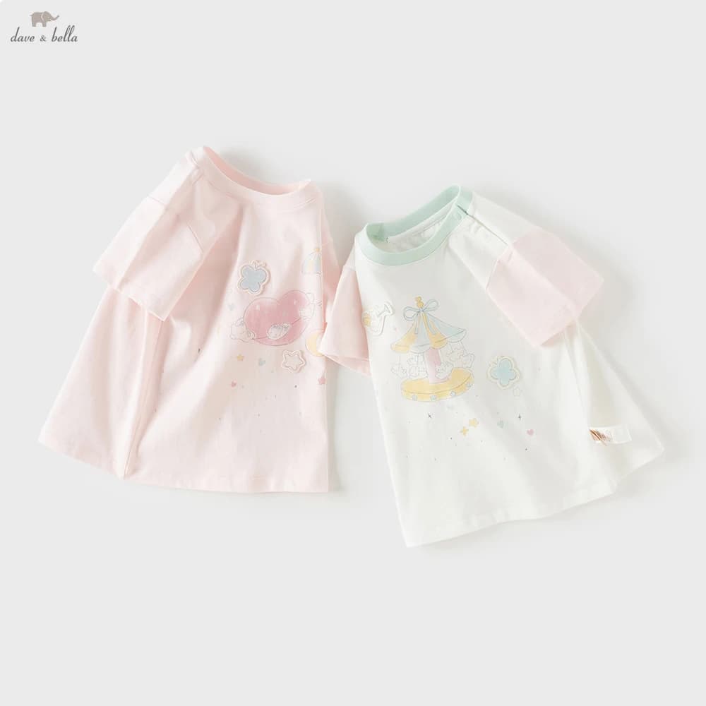Dave Bella Girls Summer T-shirts Kids 1-7 Years Printed Tees Children Short Sleeve Cotton Tops Outdoor Clothes DB2261700