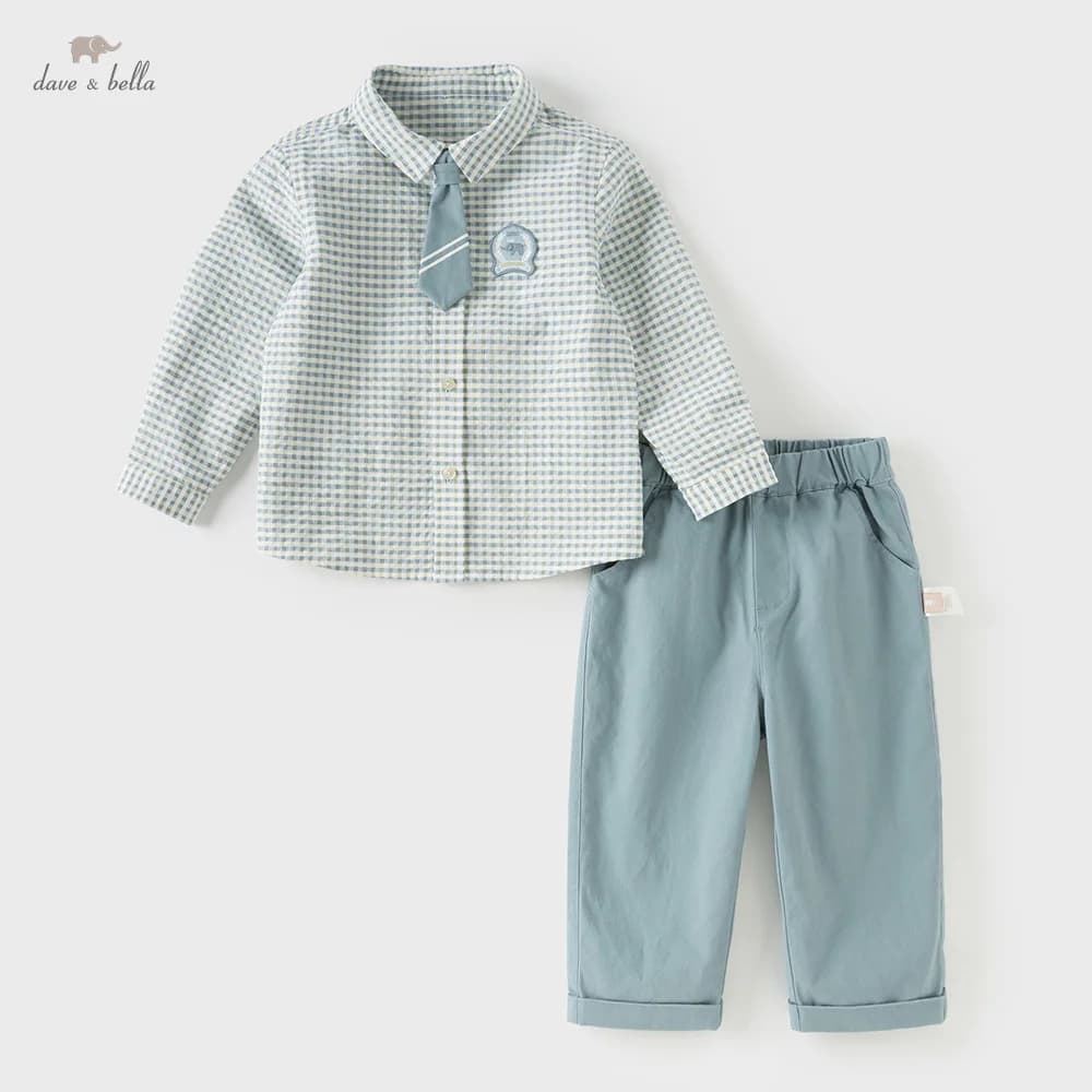 Dave Bella Children Shirt Pant Suits Spring Autumn Boys Sets Baby Grid Top Elastic Waist Trousers Fashion Kids Clothes DB1260758
