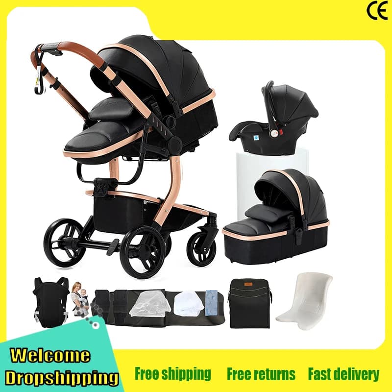 3-in-1 Luxury Baby Stroller PU Leather Waterproof Newborn Baby Pushchair with Car Seat Portable Buggy Travel Pram Foldable Carriage 