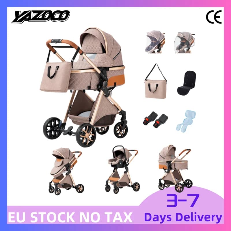 All-scene Multifunctional 3-in-1 High Landscape Four-Wheel Infant Pushchair, Labor-Saving Foldable Shock Absorbing Baby Carriage Equipped With Detachable Washable Mosquito Net For Newborn Daily Outdoor Strolls
