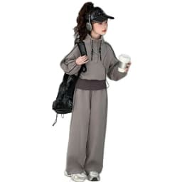 ZOETOPKID 2026 Autumn Teenager Clothes Children Set Grey Batwing Striped Crop Top Sweatshirt + Wide Leg Pant Tracksuit