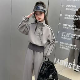 ZOETOPKID 2026 Autumn Teenager Clothes Children Set Grey Batwing Striped Crop Top Sweatshirt + Wide Leg Pant Tracksuit