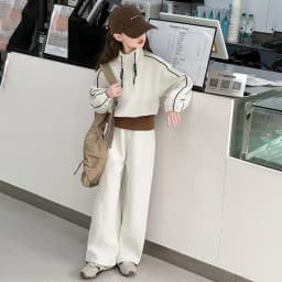 ZOETOPKID 2026 Autumn Teenager Clothes Children Set Grey Batwing Striped Crop Top Sweatshirt + Wide Leg Pant Tracksuit