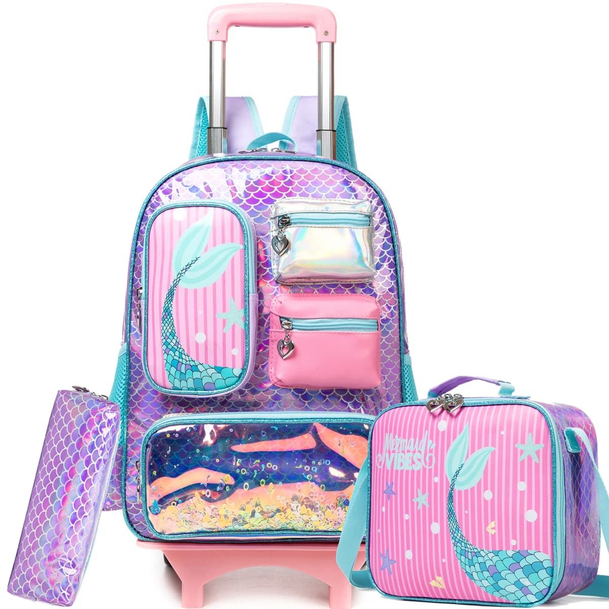 Mochila con ruedas de sirena para niñas, mochila con ruedas para estudiantes de primaria, bolsa escolar con lonchera y estuche