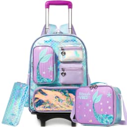 Mochila con ruedas de sirena para niñas, mochila con ruedas para estudiantes de primaria, bolsa escolar con lonchera y estuche
