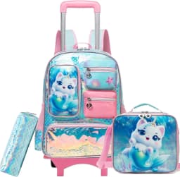 Mochila con ruedas de sirena para niñas, mochila con ruedas para estudiantes de primaria, bolsa escolar con lonchera y estuche