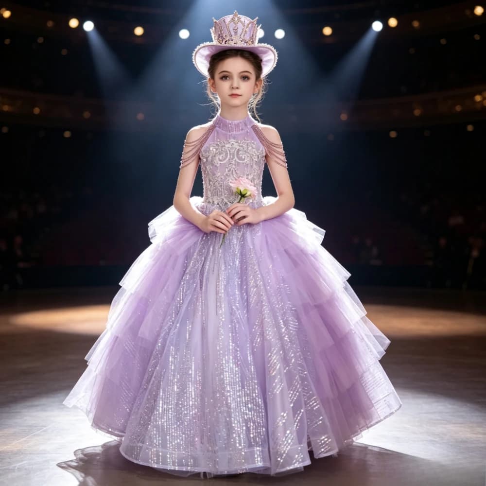 2026 Purple Kids Formal Girls Princess Gown Children PianoGirl Evening Costume Performance Elegant Host Dress Wedding Flower