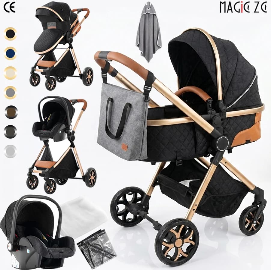 3-in-1 Baby Stroller Combined with Carrycot and Travel System with Car Seat, Lightweight Aluminum Frame, Foldable, Easy to Transport, High Position, Reclining Backrest, Reversible Seat, All-Terrain Wheels with Suspension, Sunshade, Anti-Uv Canopy, Bebe.
