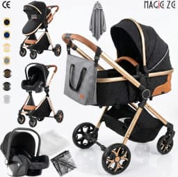 3-in-1 Baby Stroller Combined with Carrycot and Travel System with Car Seat, Lightweight Aluminum Frame, Foldable, Easy to Transport, High Position, Reclining Backrest, Reversible Seat, All-Terrain Wheels with Suspension, Sunshade, Anti-Uv Canopy, Bebe.