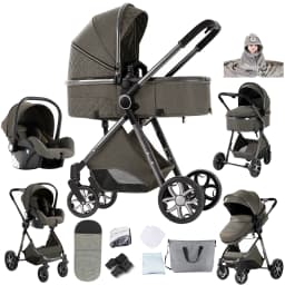 Premium 3-in-1 Baby Stroller Pram Travel System High Position Aluminum Frame Foldable Reversible Seat All-Terrain Wheels with Suspension Uv Protection Canopy Spacious Basket with 6 Free Gifts