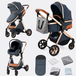 Premium 3-in-1 Baby Stroller Pram Travel System High Position Aluminum Frame Foldable Reversible Seat All-Terrain Wheels with Suspension Uv Protection Canopy Spacious Basket with 6 Free Gifts