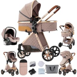 Premium 3-in-1 Baby Stroller Pram Travel System High Position Aluminum Frame Foldable Reversible Seat All-Terrain Wheels with Suspension Uv Protection Canopy Spacious Basket with 6 Free Gifts