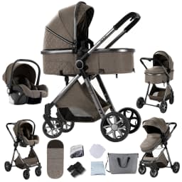 Premium 3-in-1 Baby Stroller Pram Travel System High Position Aluminum Frame Foldable Reversible Seat All-Terrain Wheels with Suspension Uv Protection Canopy Spacious Basket with 6 Free Gifts
