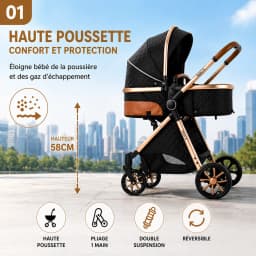 Premium 3-in-1 Baby Stroller Pram Travel System High Position Aluminum Frame Foldable Reversible Seat All-Terrain Wheels with Suspension Uv Protection Canopy Spacious Basket with 6 Free Gifts