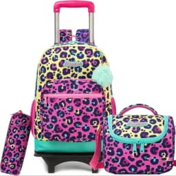Rolling Backpack for Kids Girls Rolling Backpack for School Backpacks with Wheels for Kids 8-12 Leopard Print Love Roller Backpa
