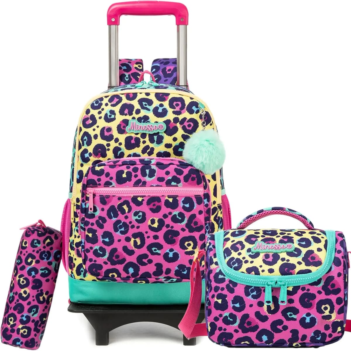 Rolling Backpack for Kids Girls Rolling Backpack for School Backpacks with Wheels for Kids 8-12 Leopard Print Love Roller Backpa