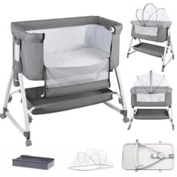 Baby Co-sleeping Crib, 2-in-1, with Mosquito Net, Height-Adjustable Bedside Crib, with Wheels and Rocking Function, for Ages 0–36 Months, 80 X 40 X 100–116 cm