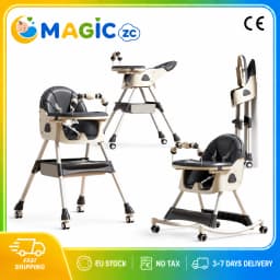 2 in 1 Baby High Chair and Rocking Horse Convertible Toddler Feeding Chair with Adjustable Reclining Backrest Double Tray 5 Point Harness Foldable Frame 360 Degree Swivel Wheels Storage Basket for Dining Play Rocking
