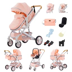 New Arrival Modern Deluxe 3 In 1 Newborn Stroller Reversible Seat Elevated Landscape Large Space Collapsible Stable Frame All Season Anti-Shock Infant Carriage Multi-scene Use For Home Rest Outdoor Travel Daily Stroll With Baby Safety Seat