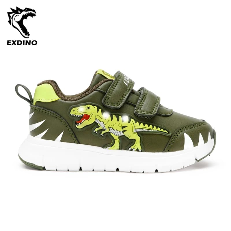 EXDINO Dinosaur Baby Kids LED T-REX Leather Autumn New Boys Girls Flashing Sneakers Light Up Little Children Casual Sports Shoes