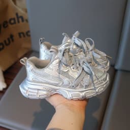 Spring Autumn Girl's Mesh Chunky Sneakers Silver Children's School Sports Shoes Breathable Fashion Kids Running Sneakers Trend
