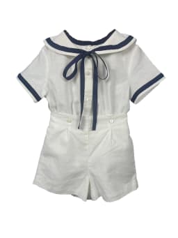 Summer Navy Sister Brother Clothing White Cotton Linen Fabric with Bblack Ribbon Comfortable Breathable Daily Outfit Performance
