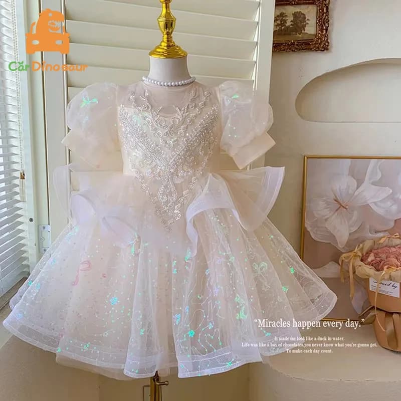 Summer New 3 4 5 6 7 8 9 10 Years Girls Piano Outfit Short Sleeve Princess Bowtie Ball Gown Dress For Kids Baby Birthday Gift