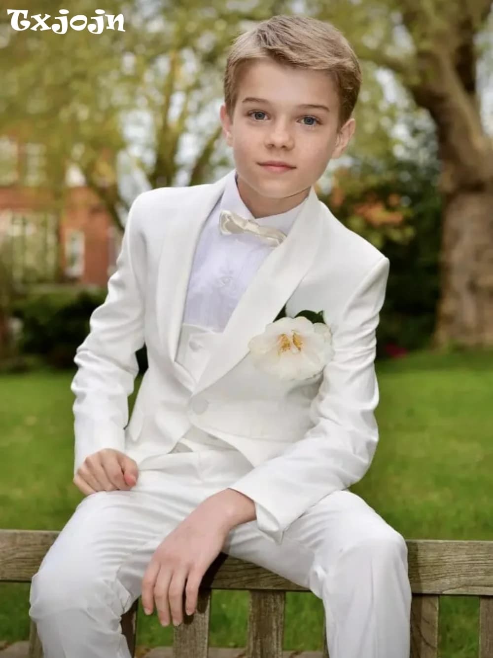 Txjojn 2026 New White Boys Suits 4 Pieces Jacket Vest Pants Bow-tie For Birthday Party Graceful Lapel Child Tuxedo Wedding Guest