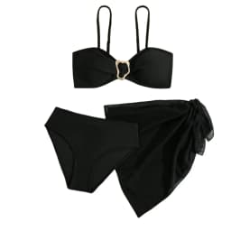 2026 3pcs/Set Tween Girl Swimwear Easy Metal Buckle Decor Bikini Swimsuit Set Solid Balck White Color Bathing Suit 8Y To 12Y
