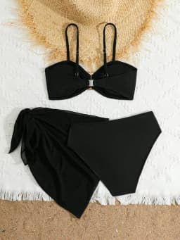 2026 3pcs/Set Tween Girl Swimwear Easy Metal Buckle Decor Bikini Swimsuit Set Solid Balck White Color Bathing Suit 8Y To 12Y