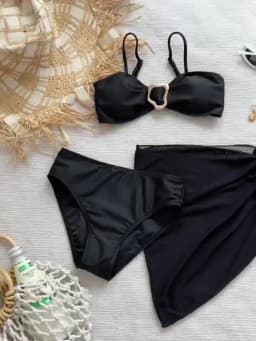 2026 3pcs/Set Tween Girl Swimwear Easy Metal Buckle Decor Bikini Swimsuit Set Solid Balck White Color Bathing Suit 8Y To 12Y