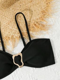 2026 3pcs/Set Tween Girl Swimwear Easy Metal Buckle Decor Bikini Swimsuit Set Solid Balck White Color Bathing Suit 8Y To 12Y