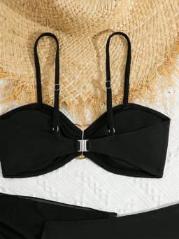 2026 3pcs/Set Tween Girl Swimwear Easy Metal Buckle Decor Bikini Swimsuit Set Solid Balck White Color Bathing Suit 8Y To 12Y