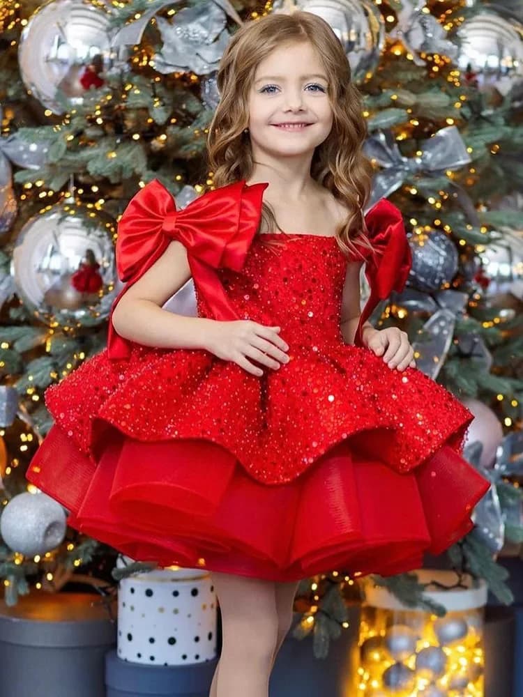 Christmas children's Dress 2025 New style red sequined puffy tulle girls' princess dress cross-border delivery