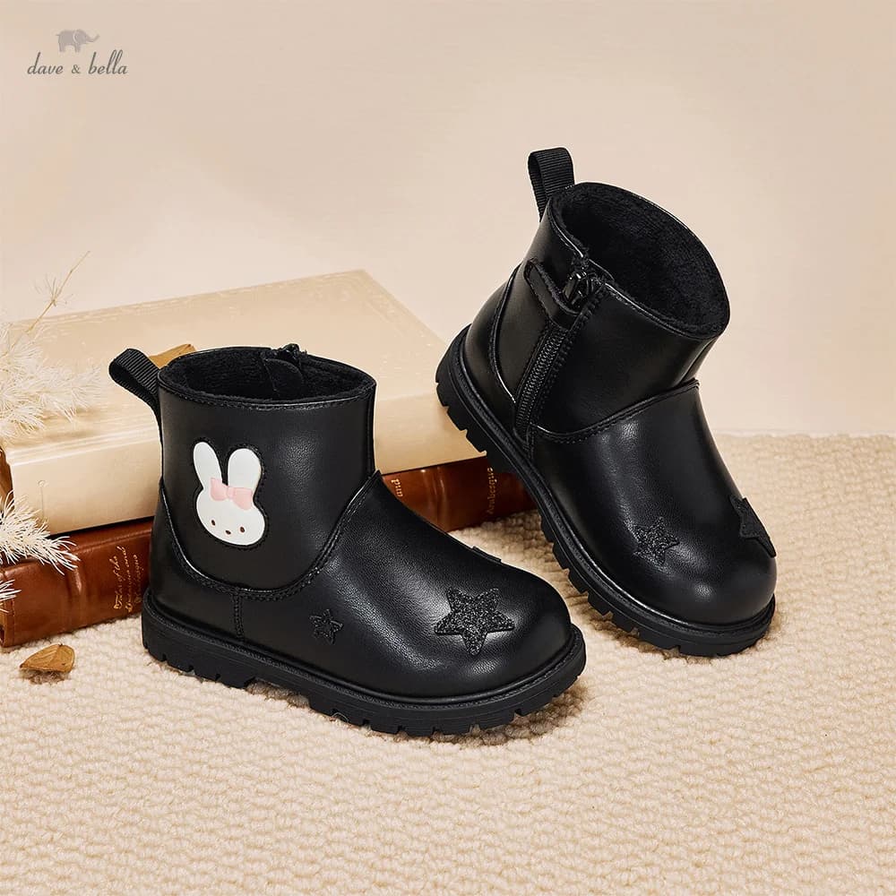 Dave Bella Girls Leather Boots Winter Princess Kid Elegant Soft Anti Slip Velvet Shoes Waterproof Children Black Boots DB4254489