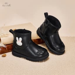 Dave Bella Girls Leather Boots Winter Princess Kid Elegant Soft Anti Slip Velvet Shoes Waterproof Children Black Boots DB4254489