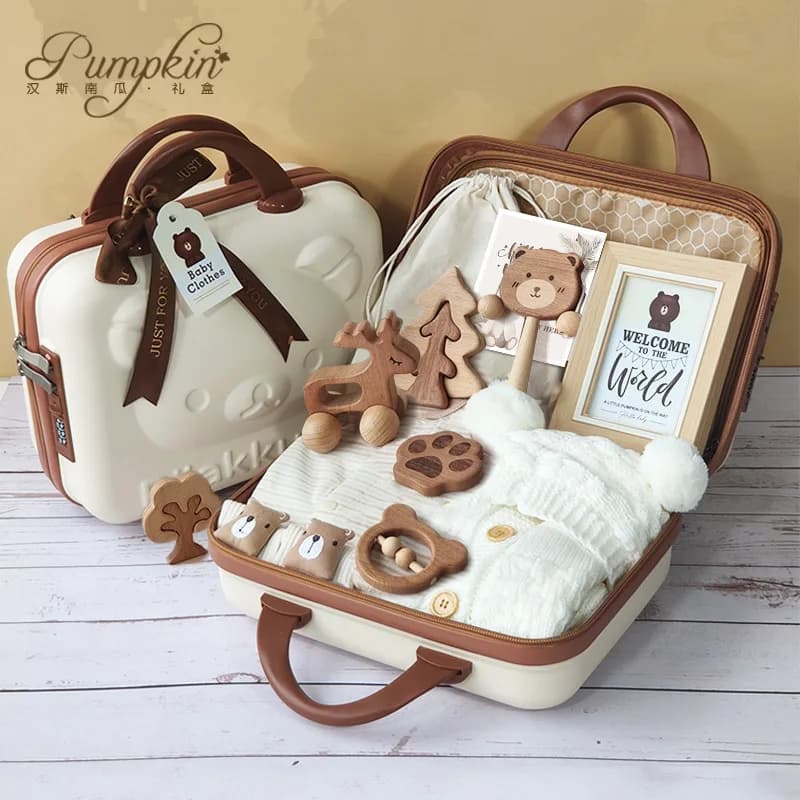 Baby Gift Box Set Cotton Boy and Girl Baby Bear Set Wooden Toy Suitcase Spring Autumn and Winter Gifts