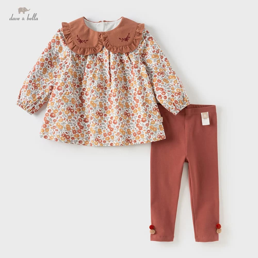 Dave Bella Children's Top Pants Two Piece Set Autumn Girls' Baby Sweet Cute Floral Print Top Fashion Two-Piece Outdoor DB3254992