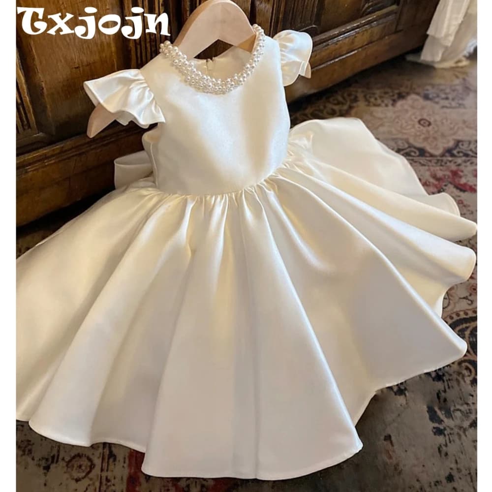2026 New White Sparkly Pearls Kids Princess Gown For Piano Performance Elegant Simple Oneck Sleeveless Girls Dresses 80-160cm