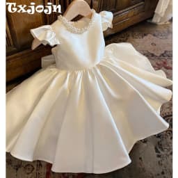 2026 New White Sparkly Pearls Kids Princess Gown For Piano Performance Elegant Simple Oneck Sleeveless Girls Dresses 80-160cm