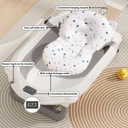 3 in 1 Foldable Baby Bath Tub with Stand, Multifunctional Baby Bathtub for Newborn Infant Toddler, Built-in Thermometer & Soft Bath Pillow, Non Slip Portable Shower Basin, Grey