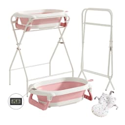 3 in 1 Foldable Baby Bath Tub with Stand, Multifunctional Baby Bathtub for Newborn Infant Toddler, Built-in Thermometer & Soft Bath Pillow, Non Slip Portable Shower Basin, Grey