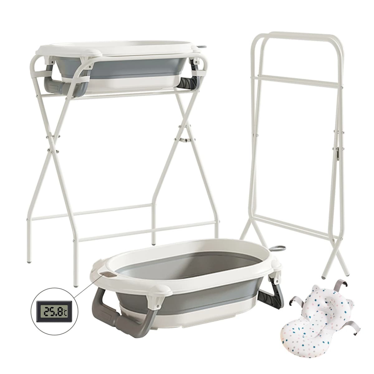 3 in 1 Foldable Baby Bath Tub with Stand, Multifunctional Baby Bathtub for Newborn Infant Toddler, Built-in Thermometer & Soft Bath Pillow, Non Slip Portable Shower Basin, Grey
