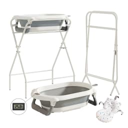 3 in 1 Foldable Baby Bath Tub with Stand, Multifunctional Baby Bathtub for Newborn Infant Toddler, Built-in Thermometer & Soft Bath Pillow, Non Slip Portable Shower Basin, Grey